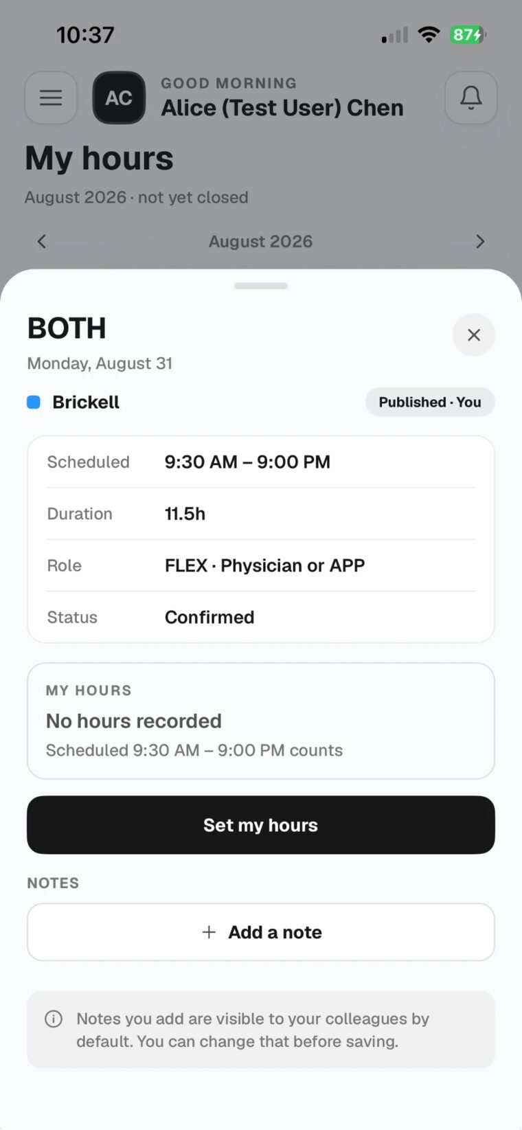 A shift opened from the My hours screen, with the Notes section and the + Add a note button under My hours