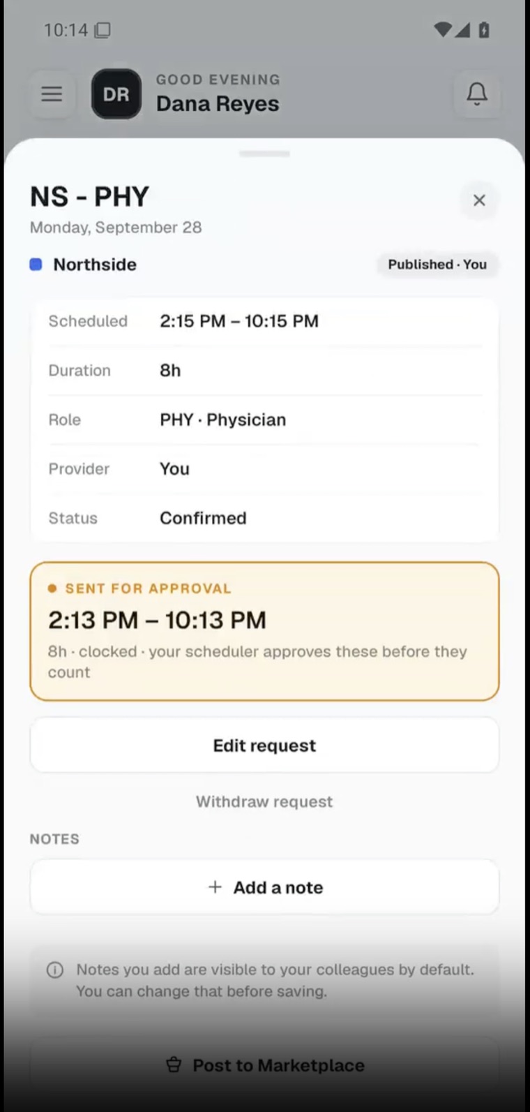 A shift opened in the app, with the Notes section and the + Add a note button below the shift details
