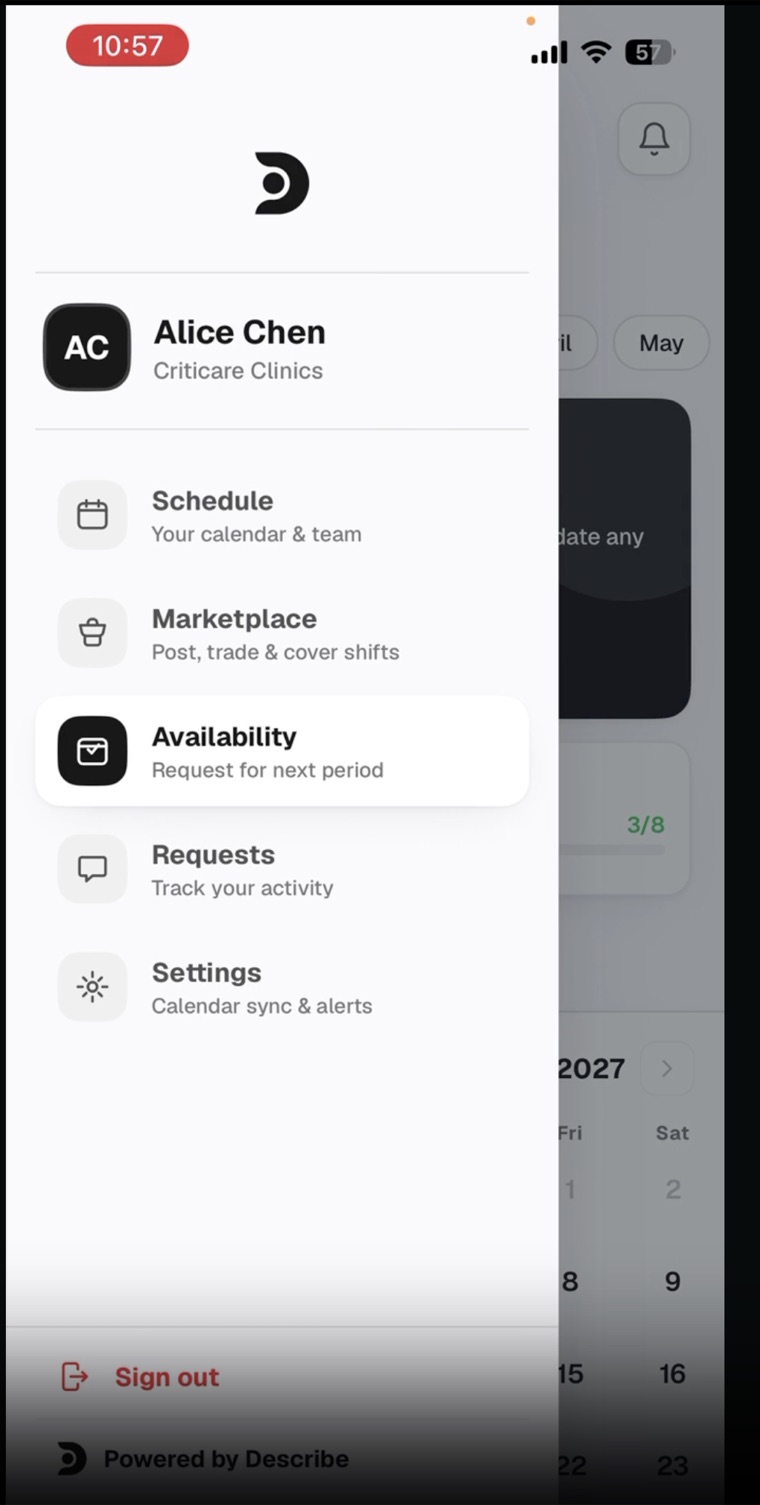 The app menu open, with Availability (Request for next period) highlighted below Schedule and Marketplace