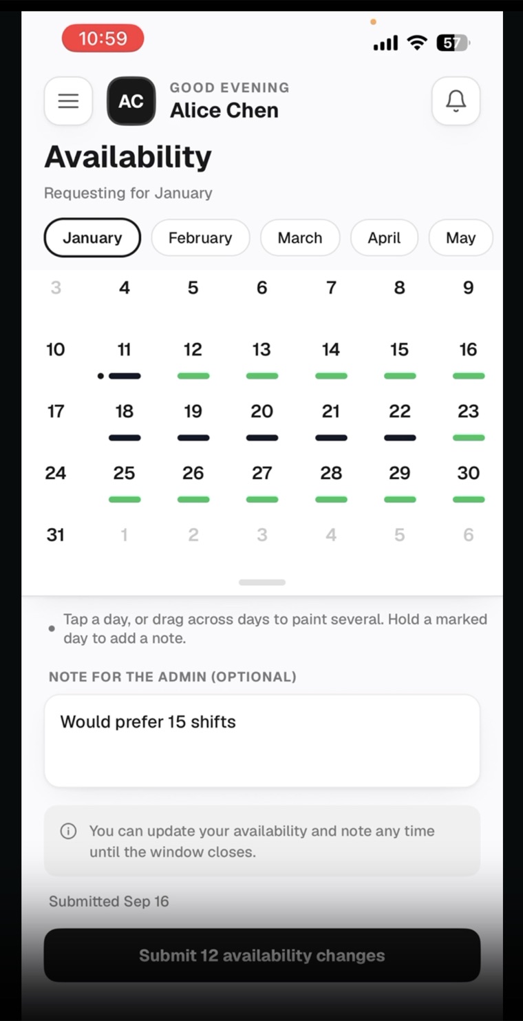 The Availability screen for January, with days marked on the calendar, a note for the admin and the Submit availability changes button