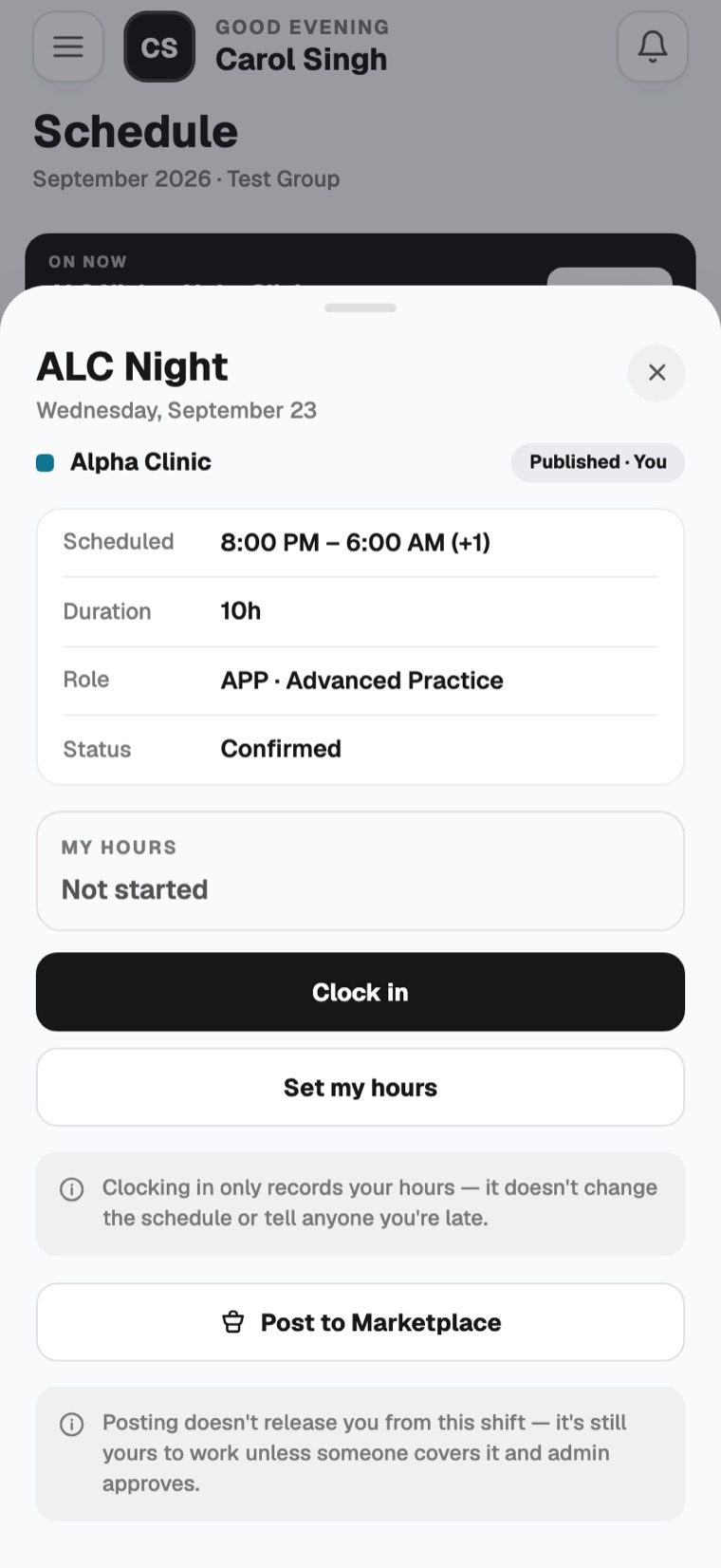 A shift opened from the Schedule screen before it starts, with the Clock in and Set my hours buttons