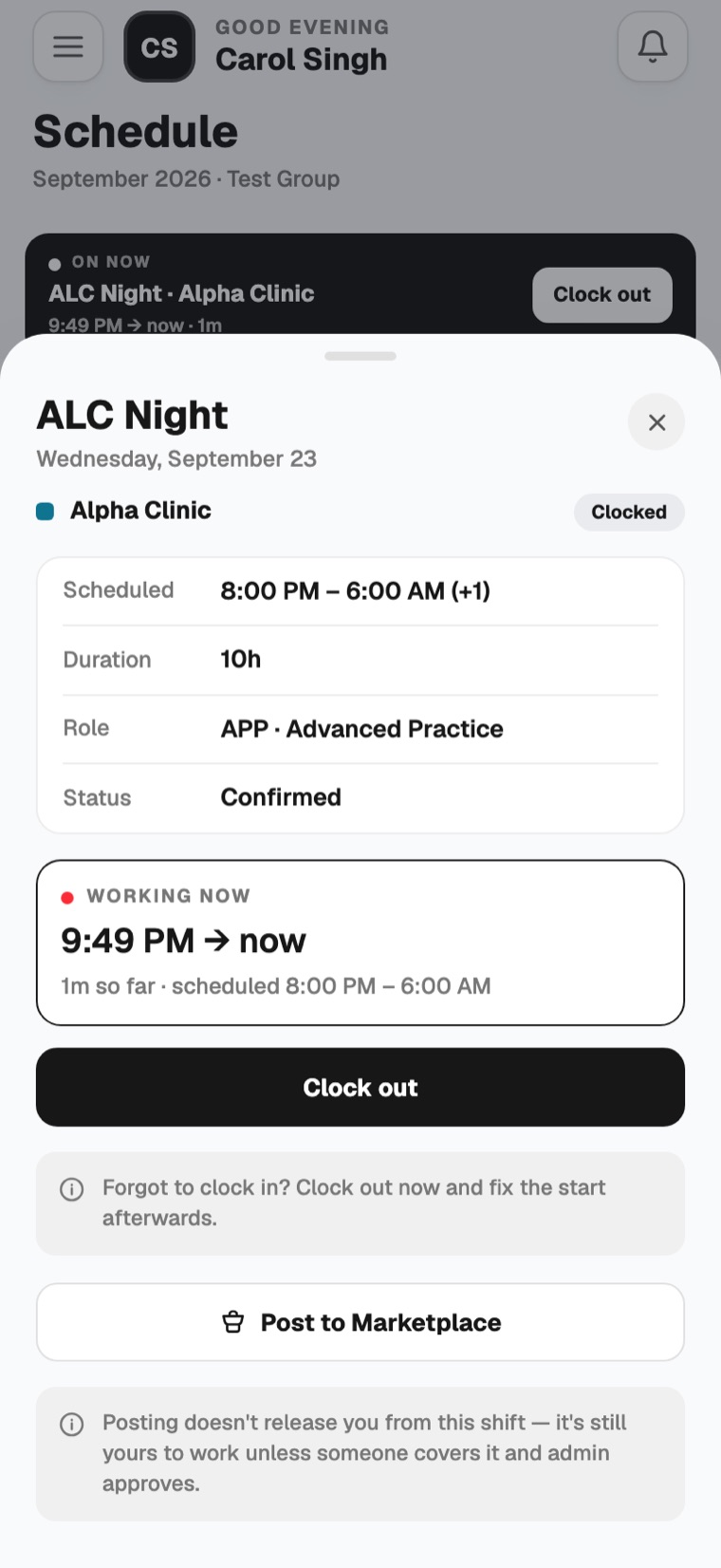 The same shift while working, showing Working now and the Clock out button