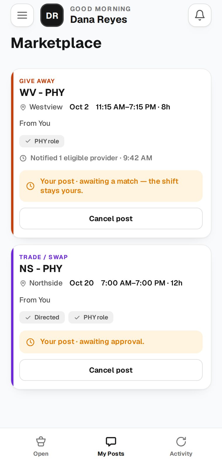 Marketplace My Posts with a give away card and its Cancel post button