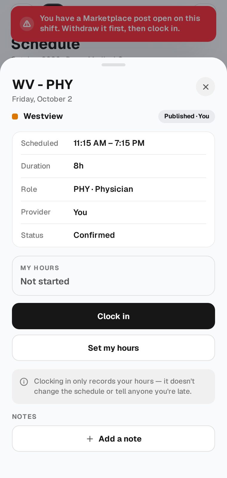 A started shift with a red message saying you have a Marketplace post open on this shift and to withdraw it first