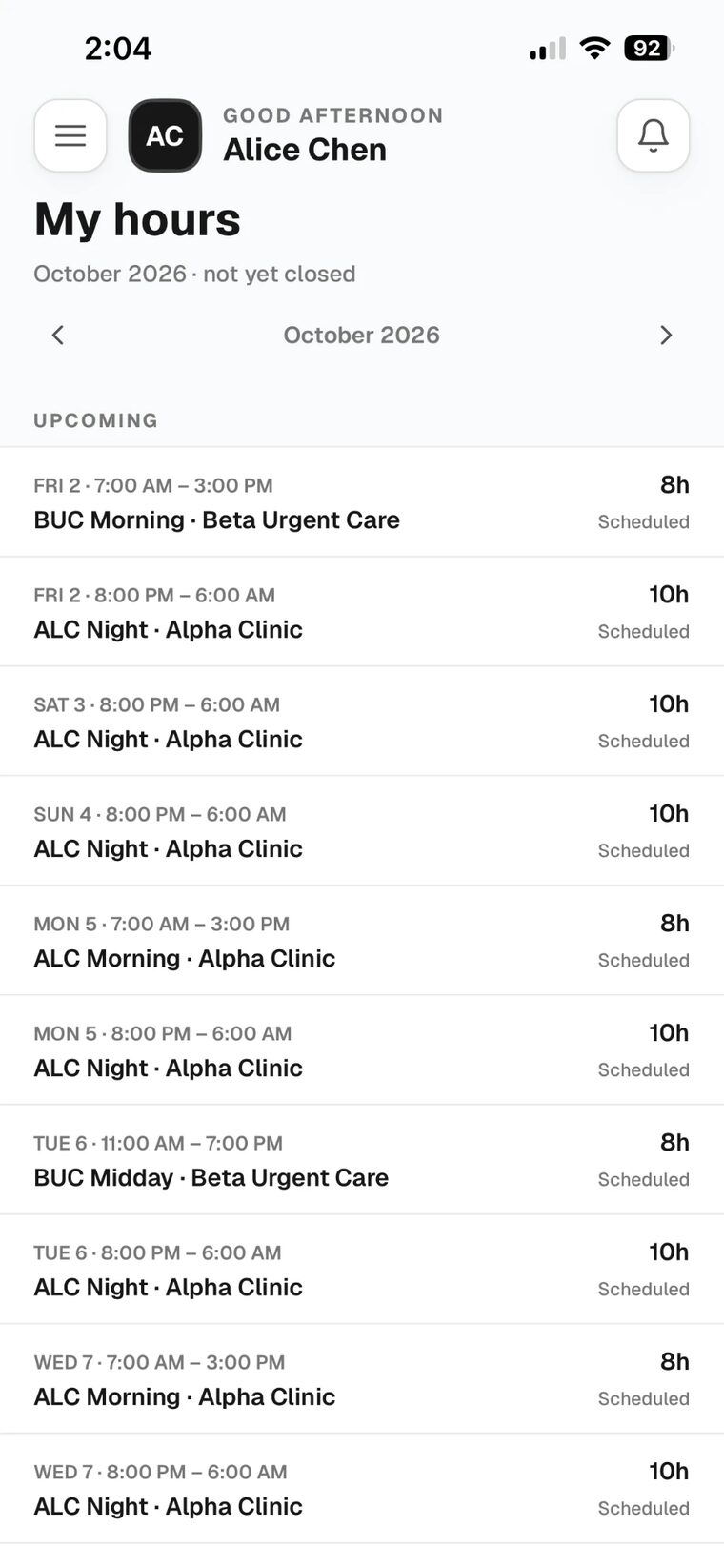The My hours screen listing the month's upcoming shifts with their dates, times, sites and hours