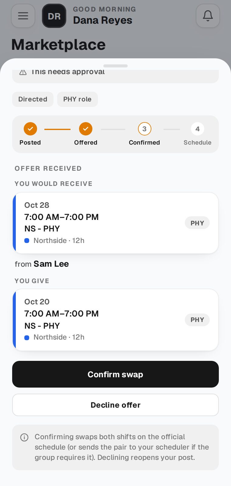 A trade showing Offer received, the shift you would receive and the shift you give, with the Confirm swap button