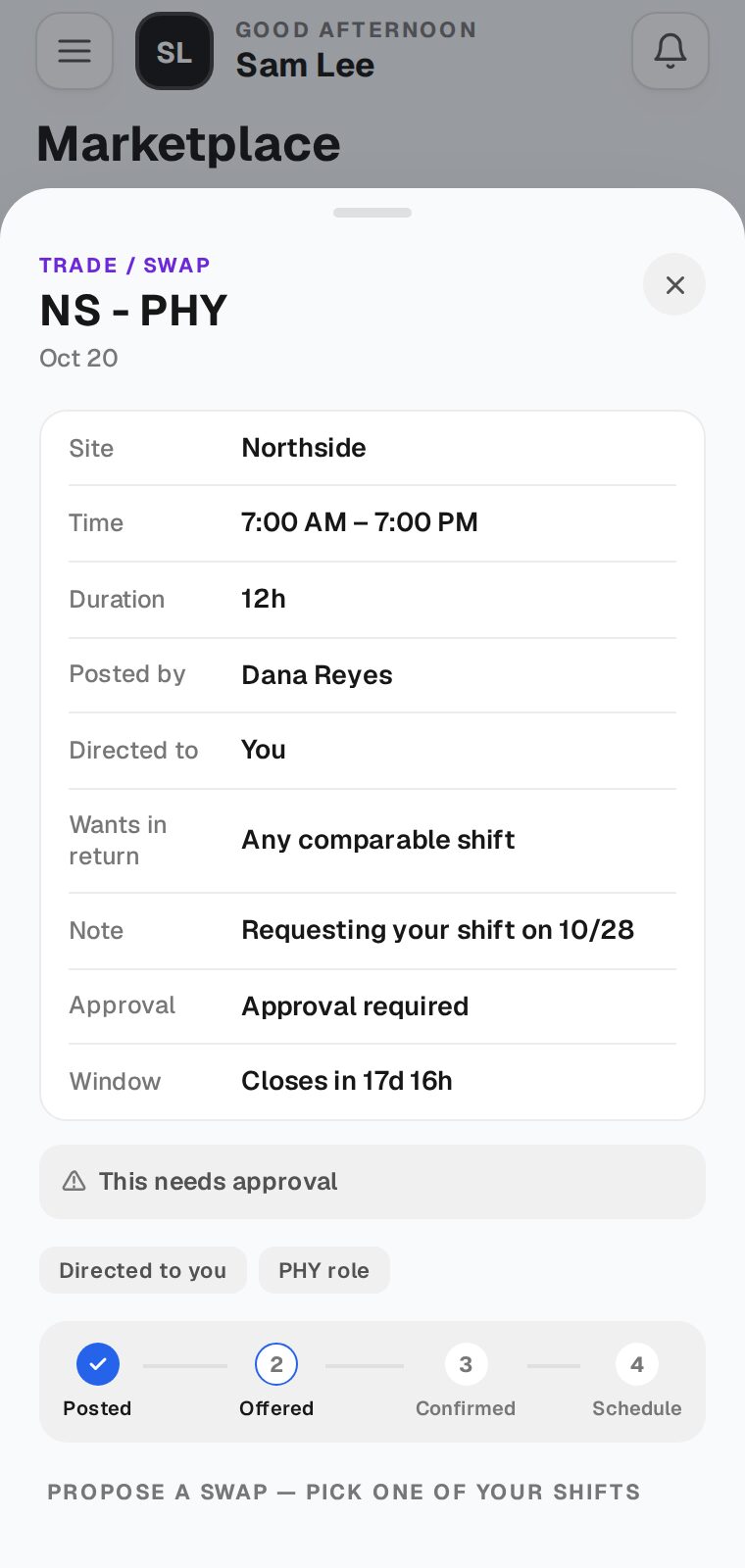 The other provider's view of the trade, with the Note row showing the requested shift