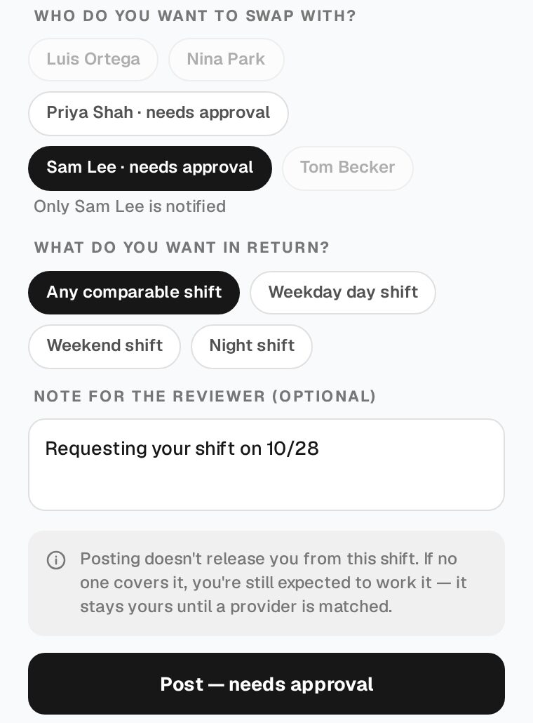 The trade composer with the Note for the reviewer field filled in