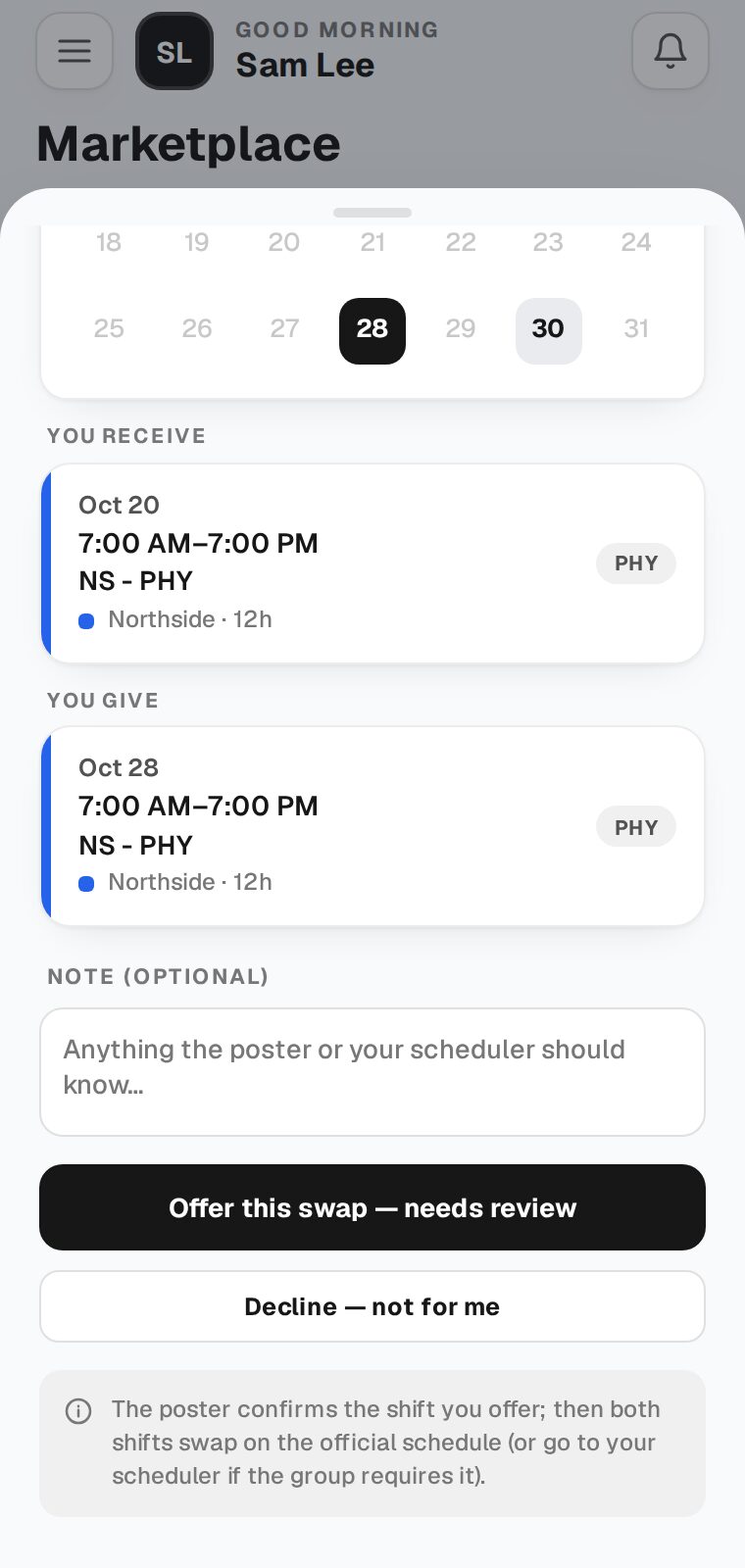 The Offer this swap and Decline buttons under the two shift cards