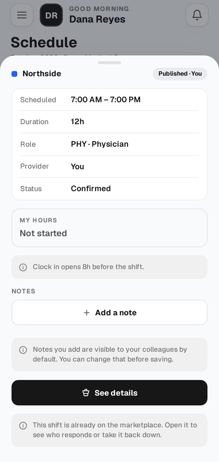 Your shift still on your schedule, with a See details button because it is on the Marketplace