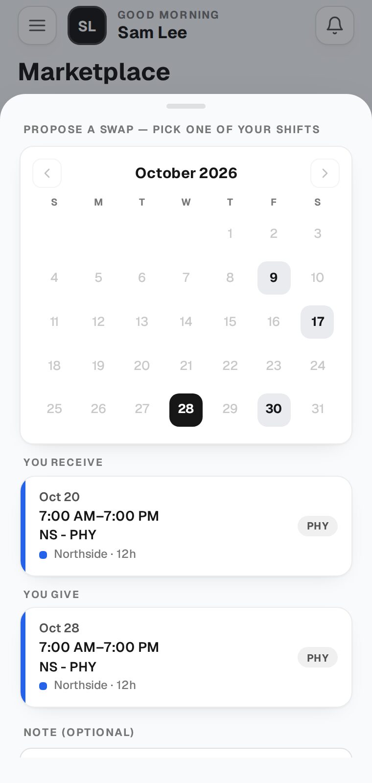 Propose a swap with a calendar of your shifts, one selected, and the You receive and You give cards