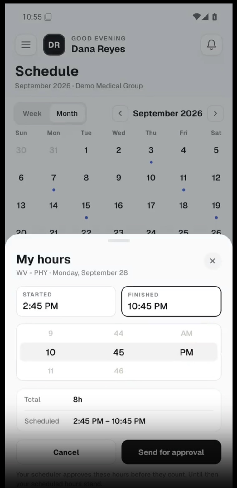 The My hours sheet with Started and Finished times, a time picker, the total and scheduled hours, and the Send for approval button