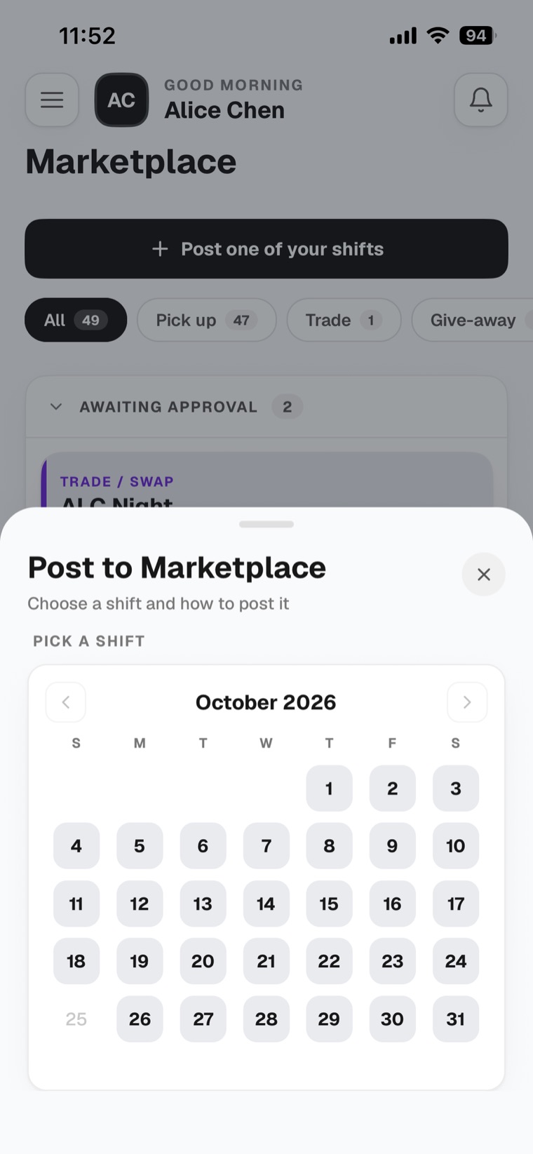 The Marketplace screen with the + Post one of your shifts button, and the Post to Marketplace sheet open to pick a shift