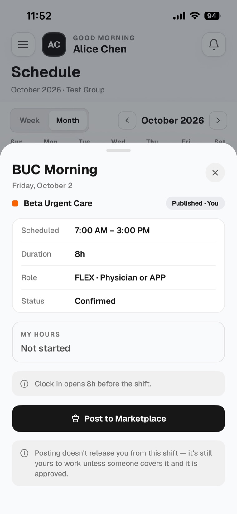 A shift's details opened from the Schedule screen, with the Post to Marketplace button