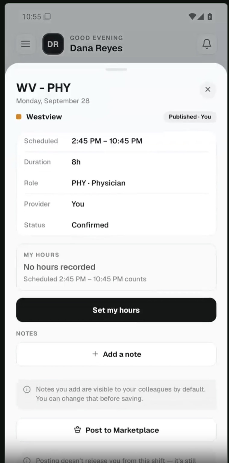 A past shift opened from the Schedule screen showing No hours recorded under My hours, with the Set my hours button