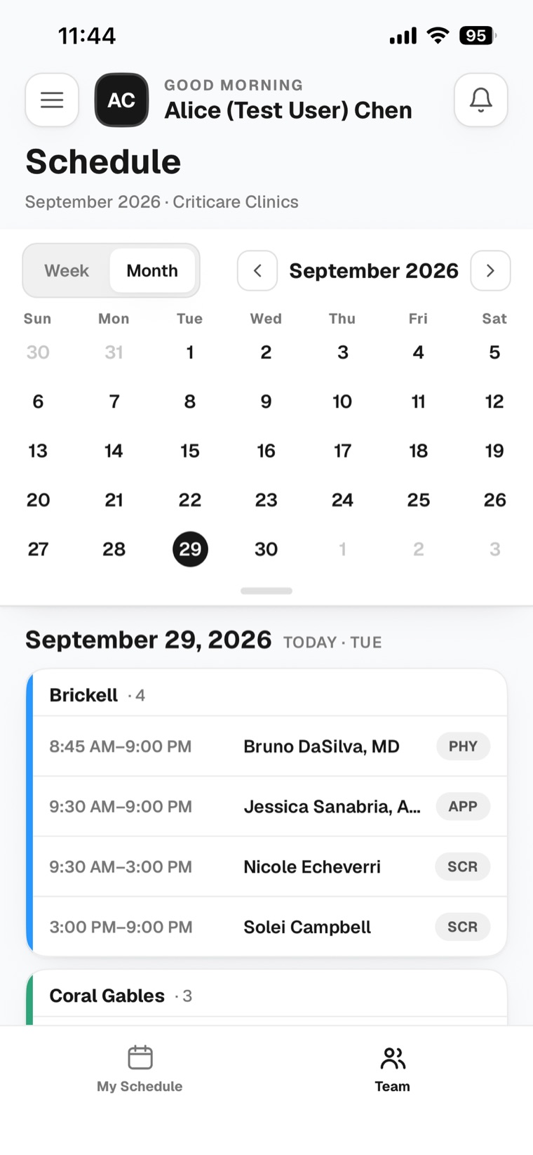 The Schedule screen on the Team tab, listing everyone working today by site, with the My Schedule and Team tabs at the bottom
